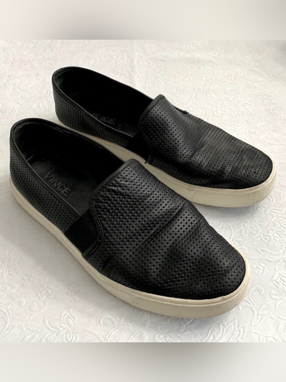 Vince Blair 5 Black Perforated Leather Sneaker Slip-On Black Cream Sole Size 7.5